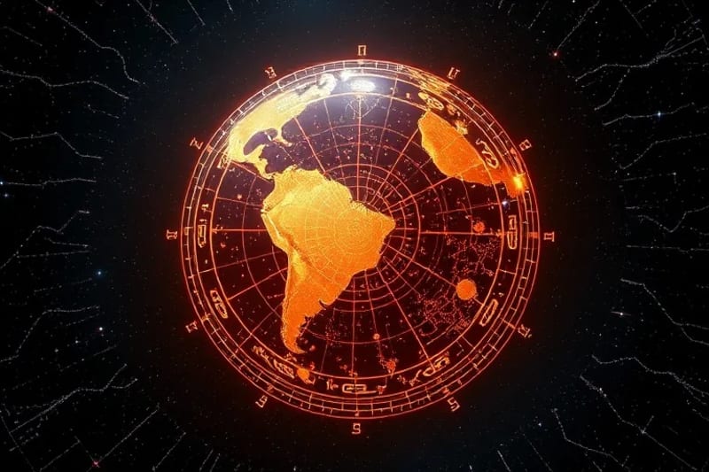 Representación 3D de una carta astral superpuesta en un globo terráqueo