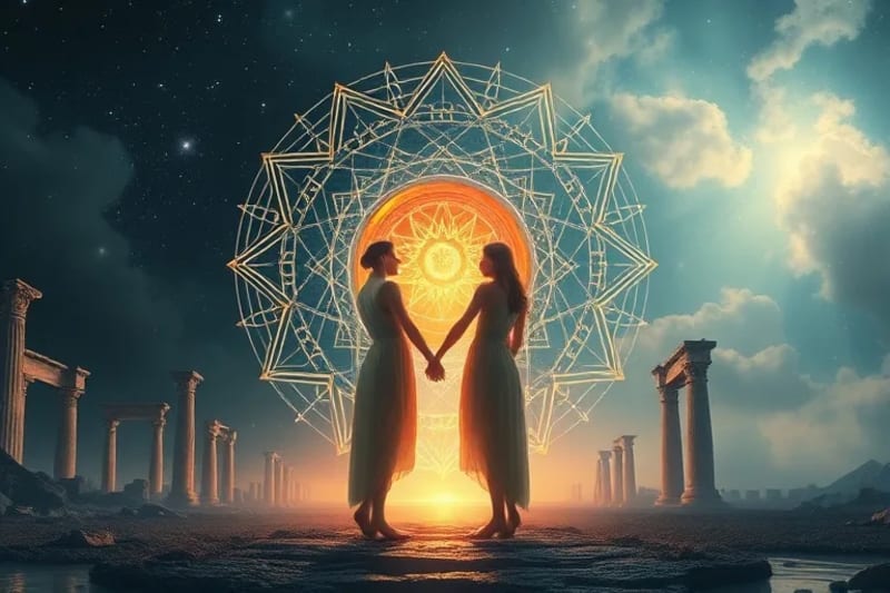 Ethereal, translucent figures overlapping before a glowing portal, hands almost touching, energetic lines connecting them, representing past life echoes and soul recognition.