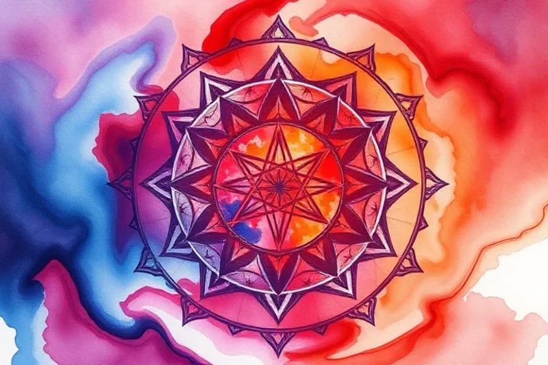 Vibrant, swirling blend of colors intertwining and separating, illustrating the dynamic and challenging nature of karmic relationships with fluid brushstrokes.