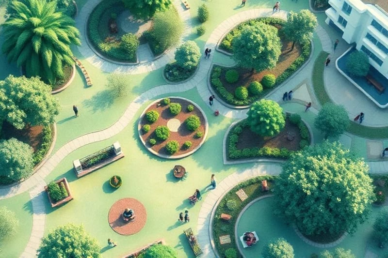 Parque urbano con personas meditando y jardines ecológicos