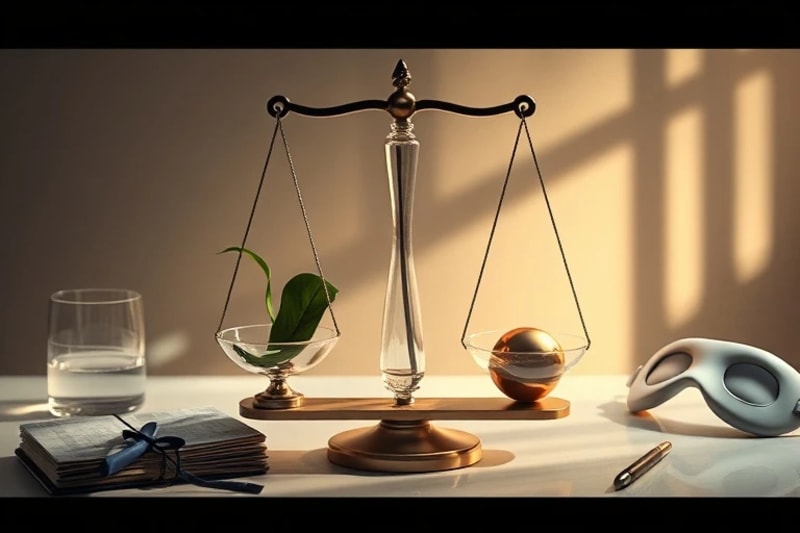 Una balanza con elementos que simbolizan el equilibrio hormonal: vegetales, un orbe brillante, un diario y una máscara de ojos.