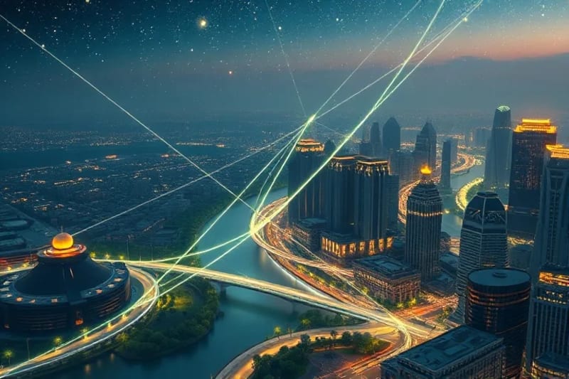 Líneas de energía abstractas conectando edificios y parques urbanos