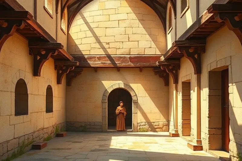 Pintura de acuarela de un claustro monástico tranquilo con luz suave, una figura solitaria caminando