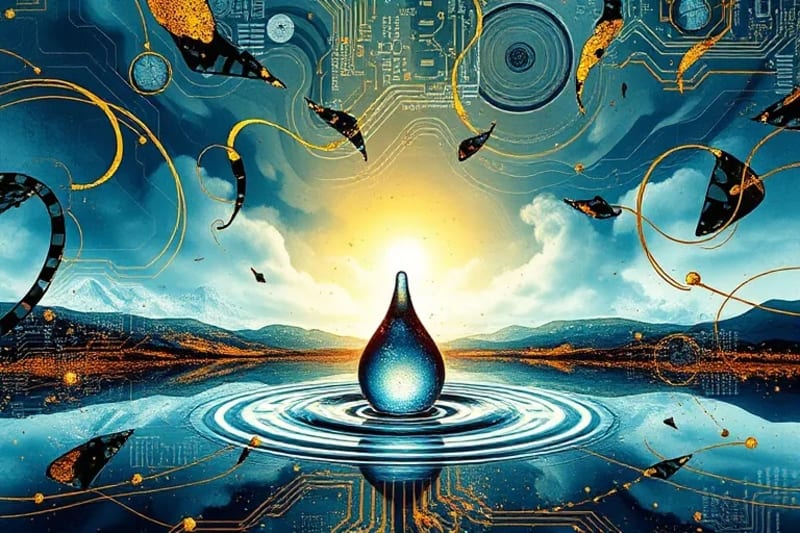 Render 3D abstracto de elementos de placa de circuito fragmentados disolviéndose en un paisaje natural tranquilo con una gota de agua clara