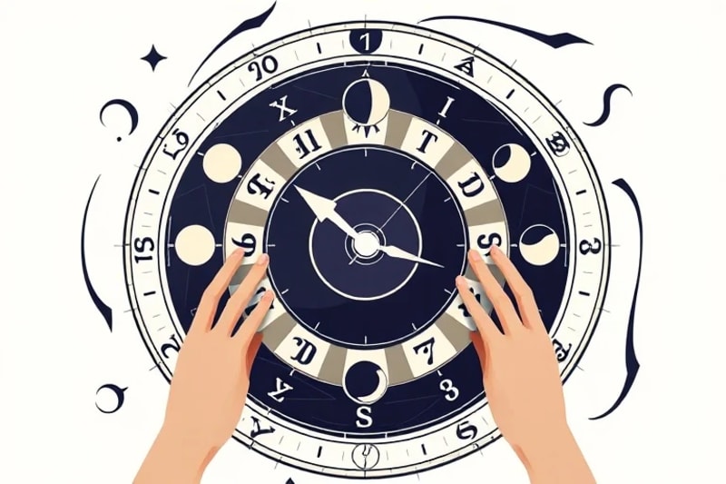 Stylized clock face with astrological symbols, lunar phases, and planetary glyphs, indicating precise timing