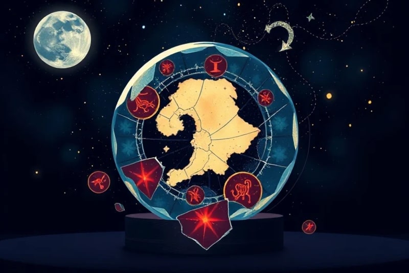 Fragmented crystal ball reflecting symbolic images of future events and insights, illuminated by lunar light