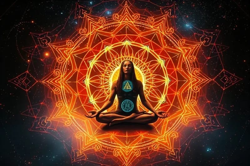 Techno-Shamanic Journey: Digital Enlightenment Futuristic shaman meditating in VR with ancient symbols