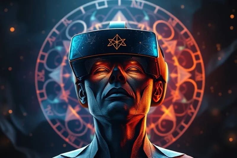Digital Alchemy: Tech Meets Spirit VR headset with sacred geometry and digital circuits