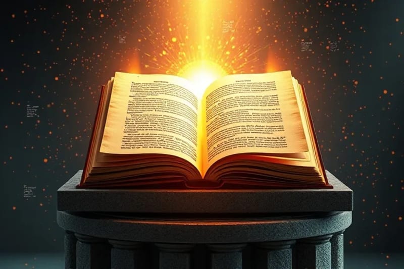 Libro abierto con luz pura, patrones de información y texto distorsionado