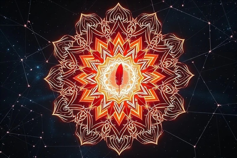 Cosmic Connections: AI and Ancient Wisdom Neural network connecting tribal artifacts in cosmic digital landscape