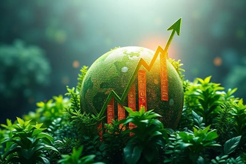 Gráfico de crecimiento financiero entrelazado con símbolos de energía limpia y protección ambiental