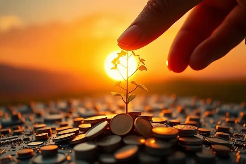 Mano plantando un pequeño árbol brillante en una pila de monedas, simbolizando la inversión verde