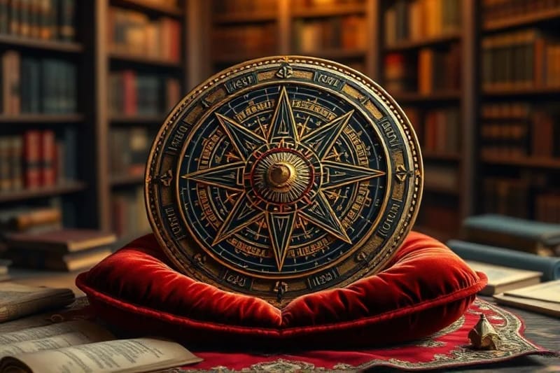 Ancient astrolabe with antique scrolls, symbolizing wisdom and precise astrological calculations.