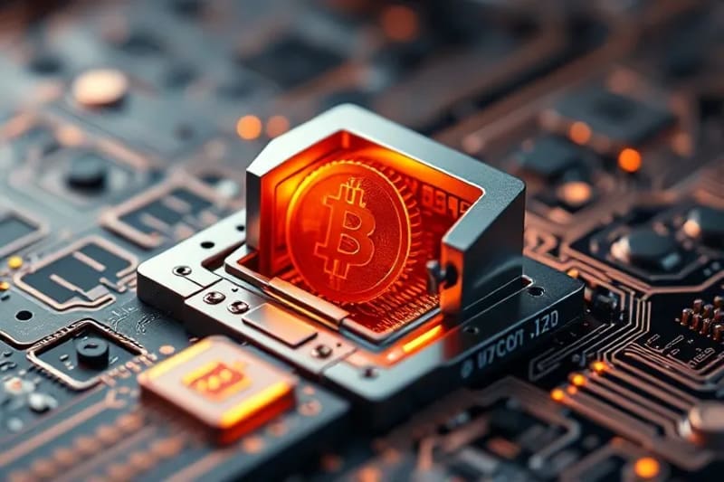 Representación 3D de un cluster de datos seguro con tokens flotantes y elementos de blockchain.