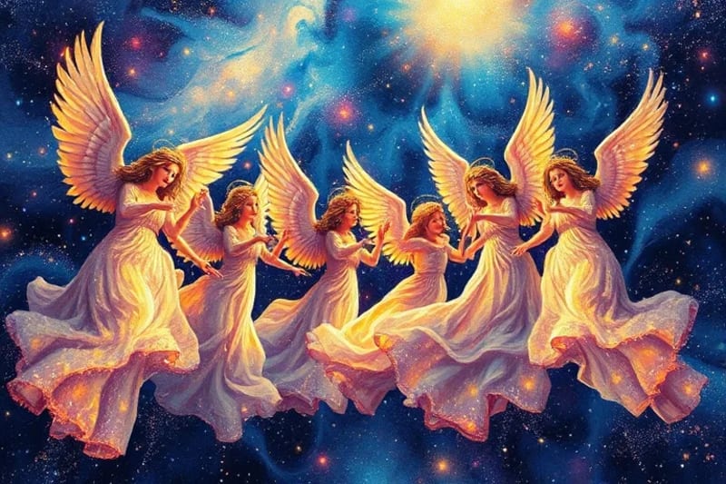 Pintura impresionista de un coro angélico etéreo, con formas luminosas y fluidas, cantando en un torbellino de colores que representan la energía divina y la armonía.