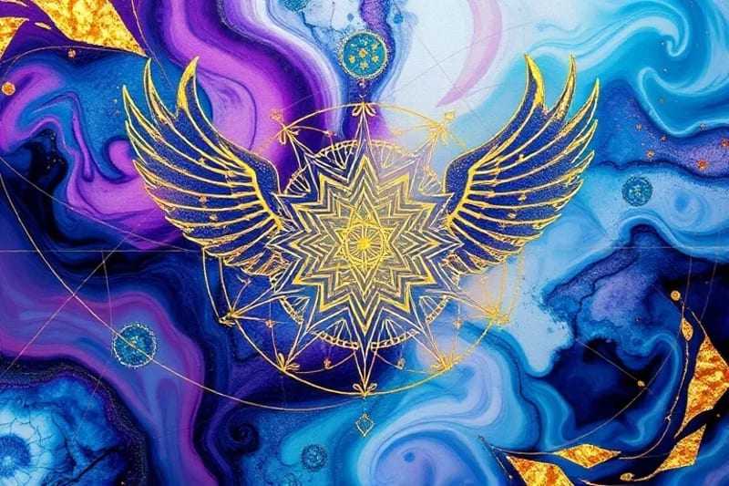 Mandala geométrico digital que pulsa con luz, rodeado de sutiles alas angélicas y símbolos de orden cósmico, representando la manifestación de la realidad a través de patrones divinos.
