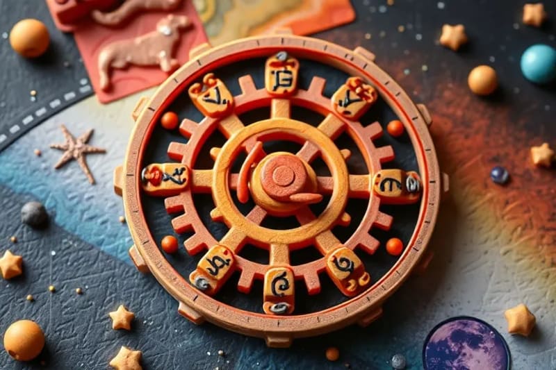 Planetary Harmony and Flow Abstract digital art of celestial gears, some interlocking smoothly (trine)