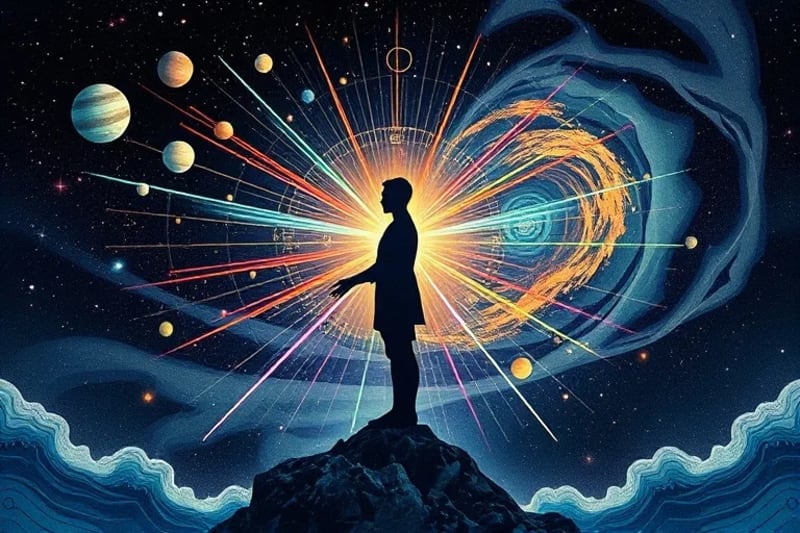 Unlocking Personal Potential Holographic projection of a human silhouette with energy streams forming precise angles, some bright and flowing (sextile)