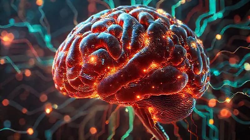 Cerebro humano entrelazado con circuitos y fibras ópticas