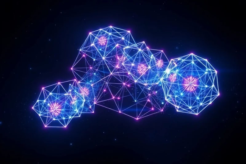 Formas geométricas brillantes en el vacío oscuro