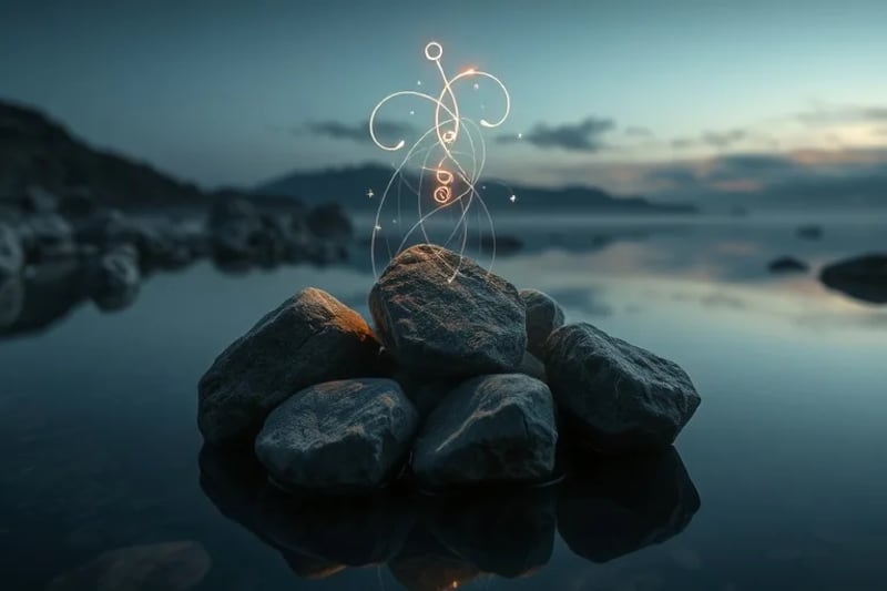 Piedras antiguas con símbolos y hilos de luz en un estanque