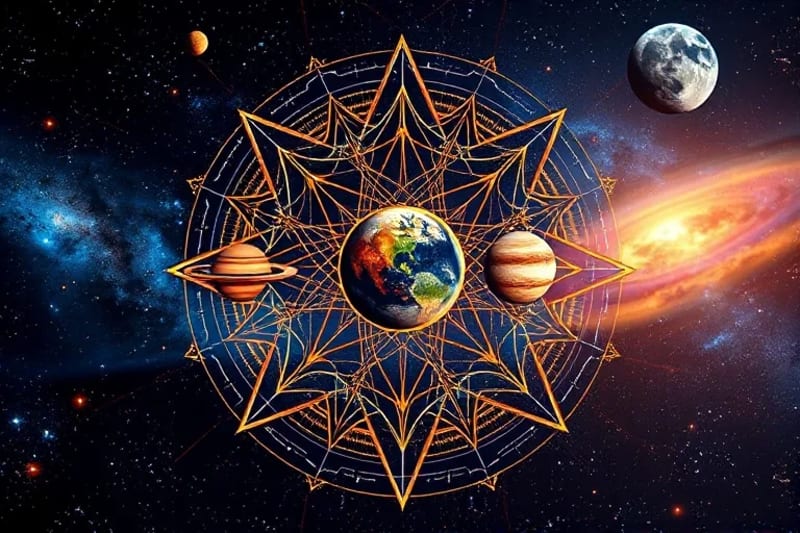Intricate cosmic mandala with planetary symbols, representing interconnected energies