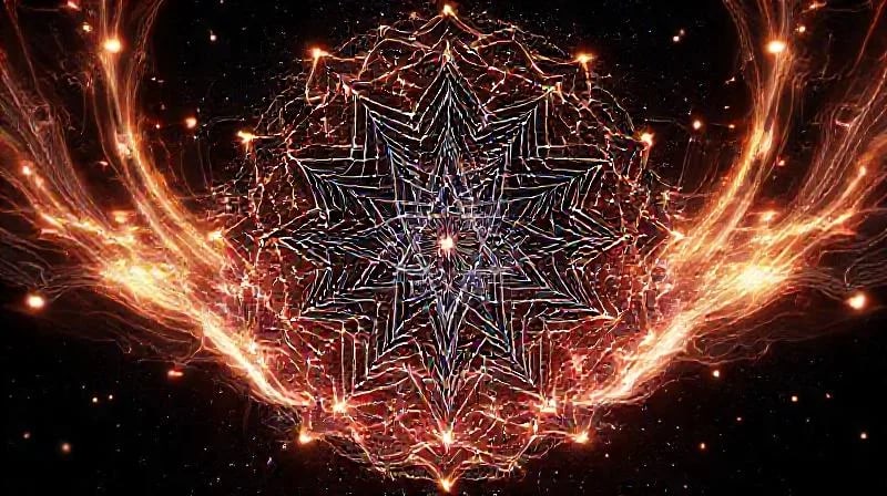 Abstract 3D render of intertwined light particles and energy streams forming a vortex