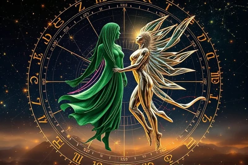 Pintura digital de dos figuras abstractas, una verde (Madera) y otra plateada (Metal), interactuando con líneas de energía, simbolizando la compatibilidad dinámica.