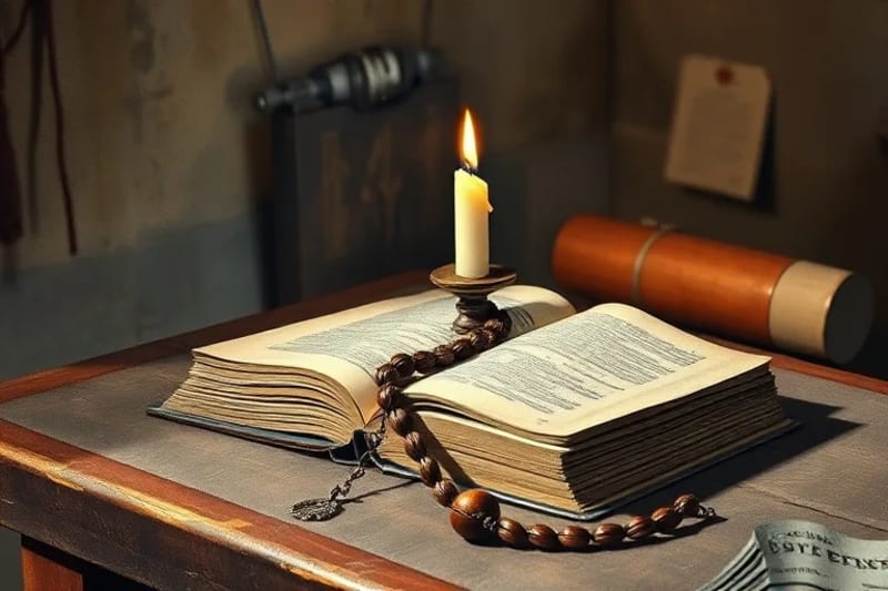 Rosario, libro y vela en mesa de madera