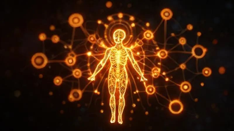 Holographic blueprint of health with cosmic and astrological symbols