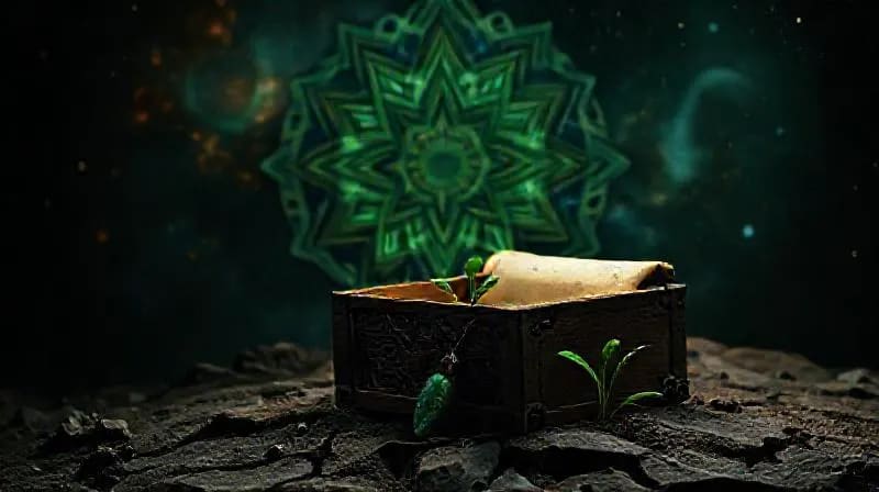 Bodegón conceptual con una caja de madera antigua, un pergamino, un colgante de jade y un brote verde, simbolizando la sabiduría ancestral y la renovación.