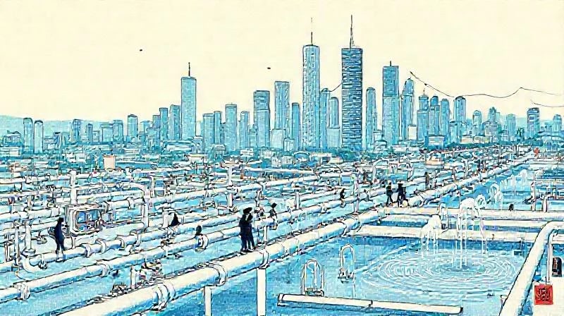 Red de tuberías y sistemas de filtración en una ciudad futurista, con personas interactuando con tecnología de agua
