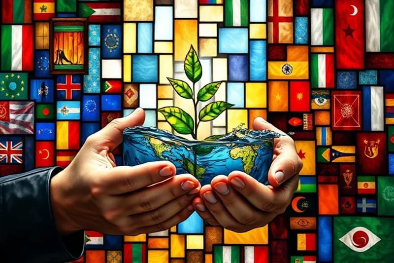 Pintura al óleo abstracta de agua fluyendo a través de manos que se transforman en un apretón de manos o una planta, con patrones culturales de fondo