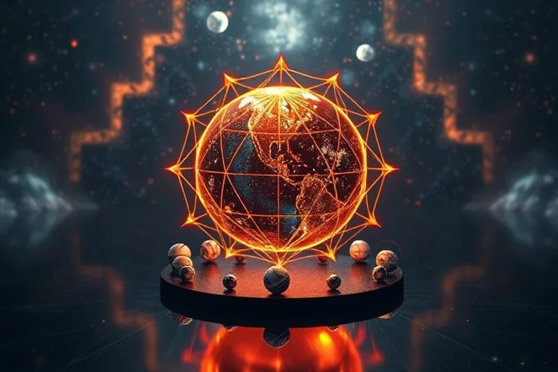 Globo holográfico rodeado de planetas miniatura y rayos láser