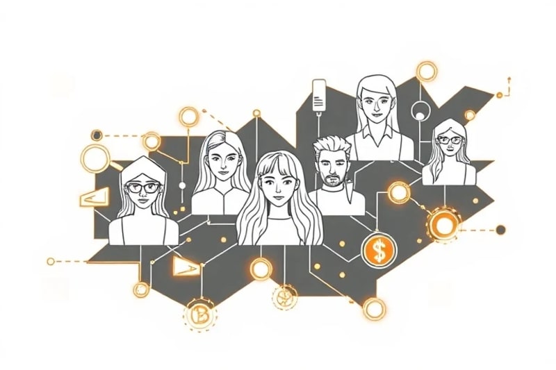 Network of avatars and digital assets linked by blockchain, symbolizing virtual ownership