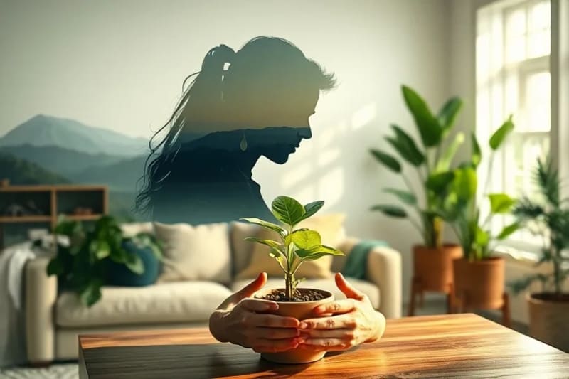 Hands gently tending to indoor plants in a sunlit room, symbolizing nurturing growth and biophilic living.