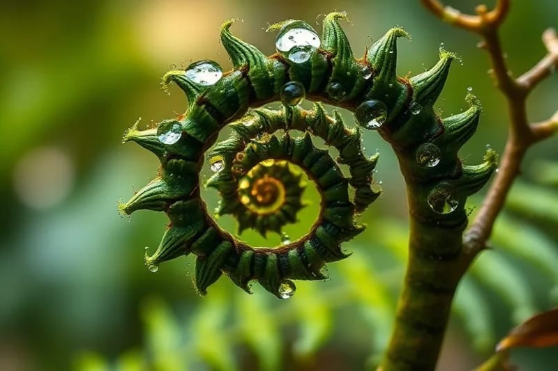 Extreme macro shot of an unfurling fern frond with dew drops, showing natural fractal patterns.