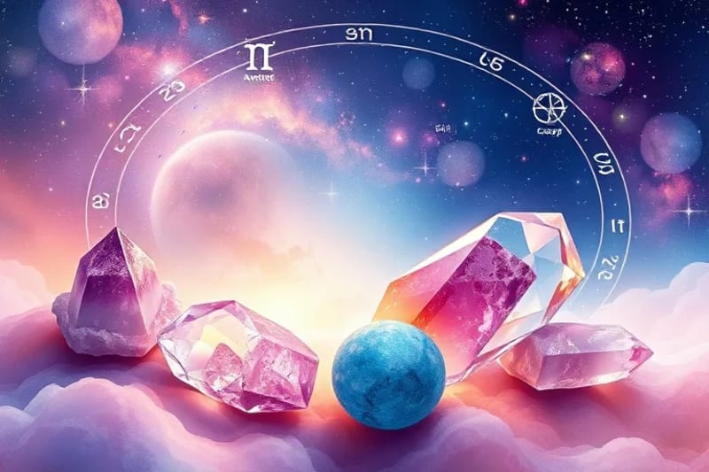 Pintura de acuarela de varios cristales vibrantes como amatista, cuarzo y lapislázuli, cada uno con símbolos astrológicos y planetarios.