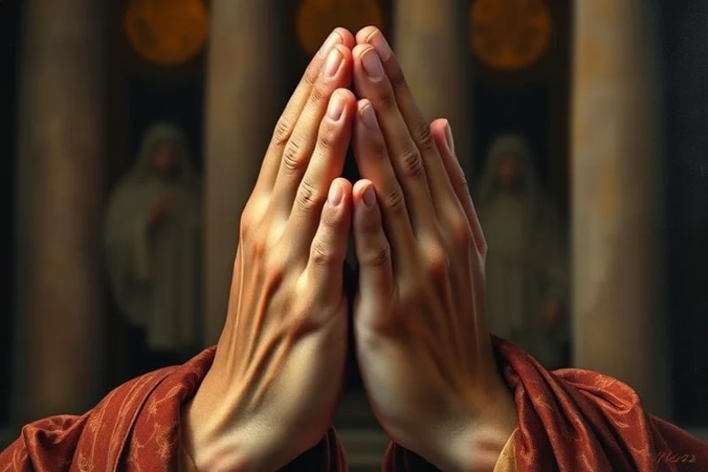 Manos en oración con sutiles marcas rojas, simbolizando el sufrimiento y la devoción.