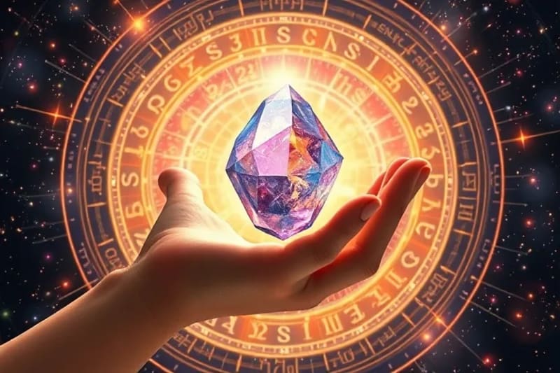 Ilustración digital de una mano sosteniendo un cristal brillante, rodeada de símbolos kabbalísticos y glifos astrológicos en un vórtice de energía.