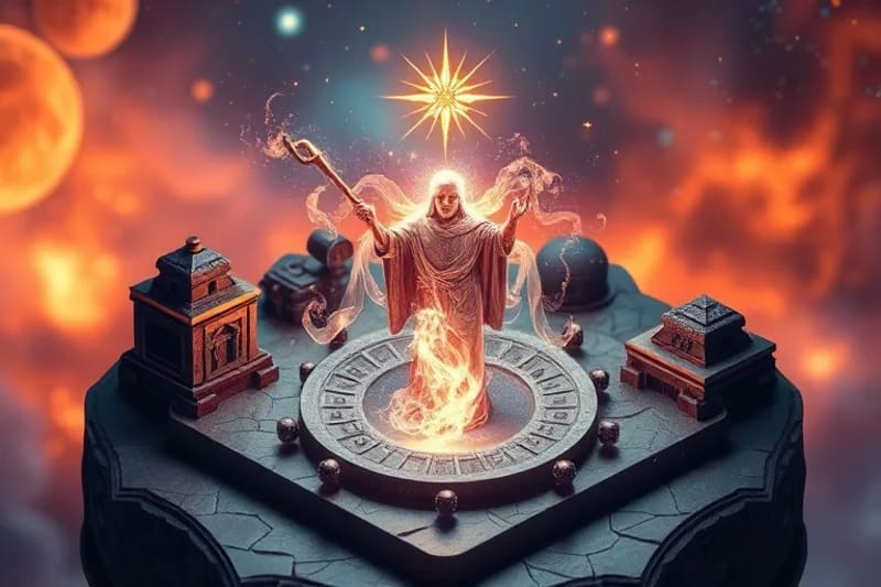 Representación abstracta de energía espiritual fluyendo, con puntos de luz en las llagas de Cristo.