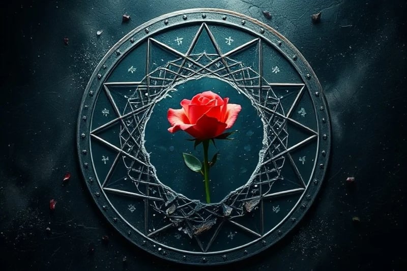 Symbolic representation of discord and truth with a shattered mirror and a thorny rose