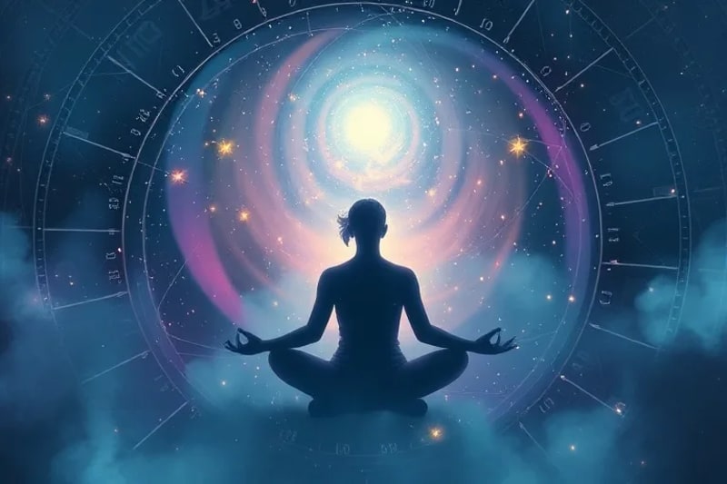 Figura en meditación con números y patrones geométricos