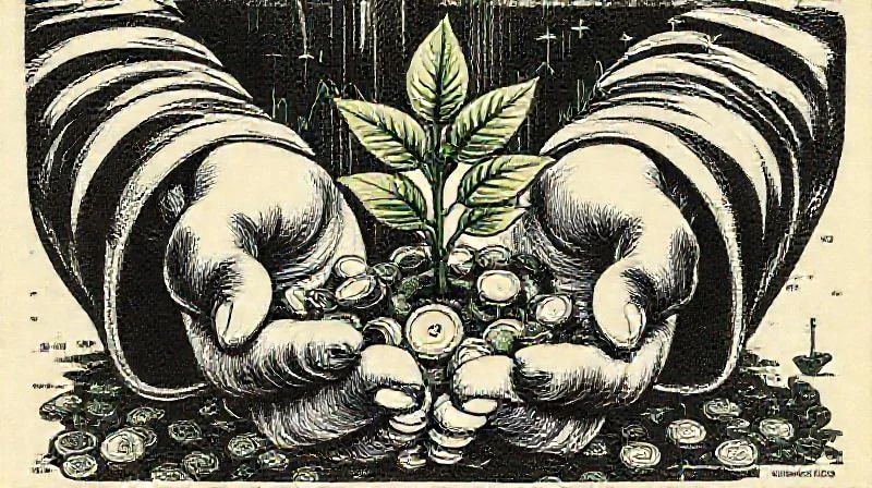 Manos plantando un árbol que crece de monedas, con gráficos financieros y follaje verde de fondo, simbolizando la inversión sostenible y el crecimiento.