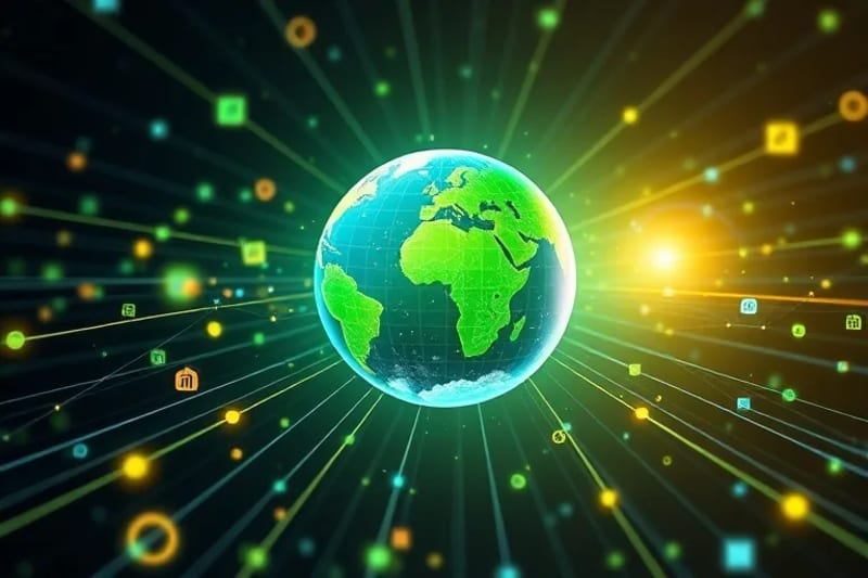 Red compleja de líneas de datos y símbolos financieros convergiendo en una esfera terrestre brillante, representando el impacto global de las inversiones verdes.