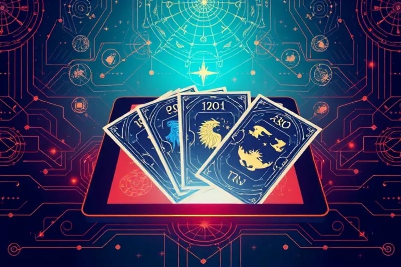 Digital depiction of oracle cards on a tablet with data streams