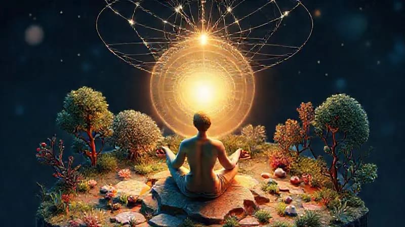 Figura humana meditando con hilos de luz ancestrales y cristales curativos.