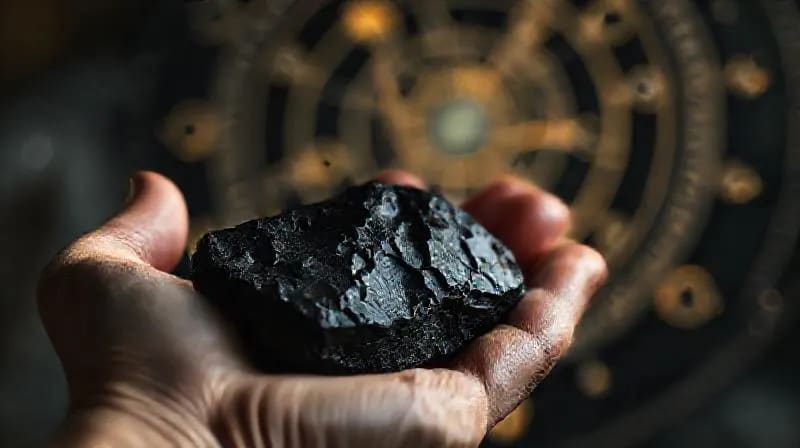 Mano sosteniendo una turmalina negra, simbolizando protección y sabiduría ancestral.