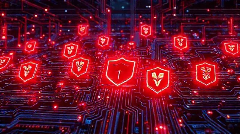 Representación de una red industrial con elementos de ciberseguridad y amenazas digitales.