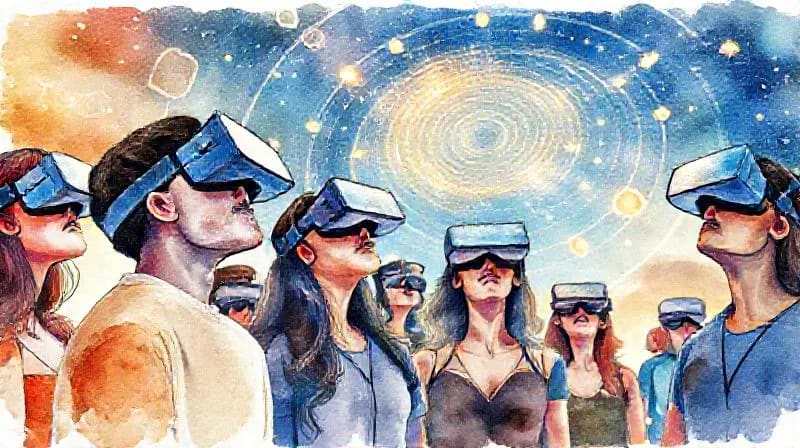 Grupo de personas con cascos de realidad virtual observando un cielo virtual con alineaciones planetarias y constelaciones